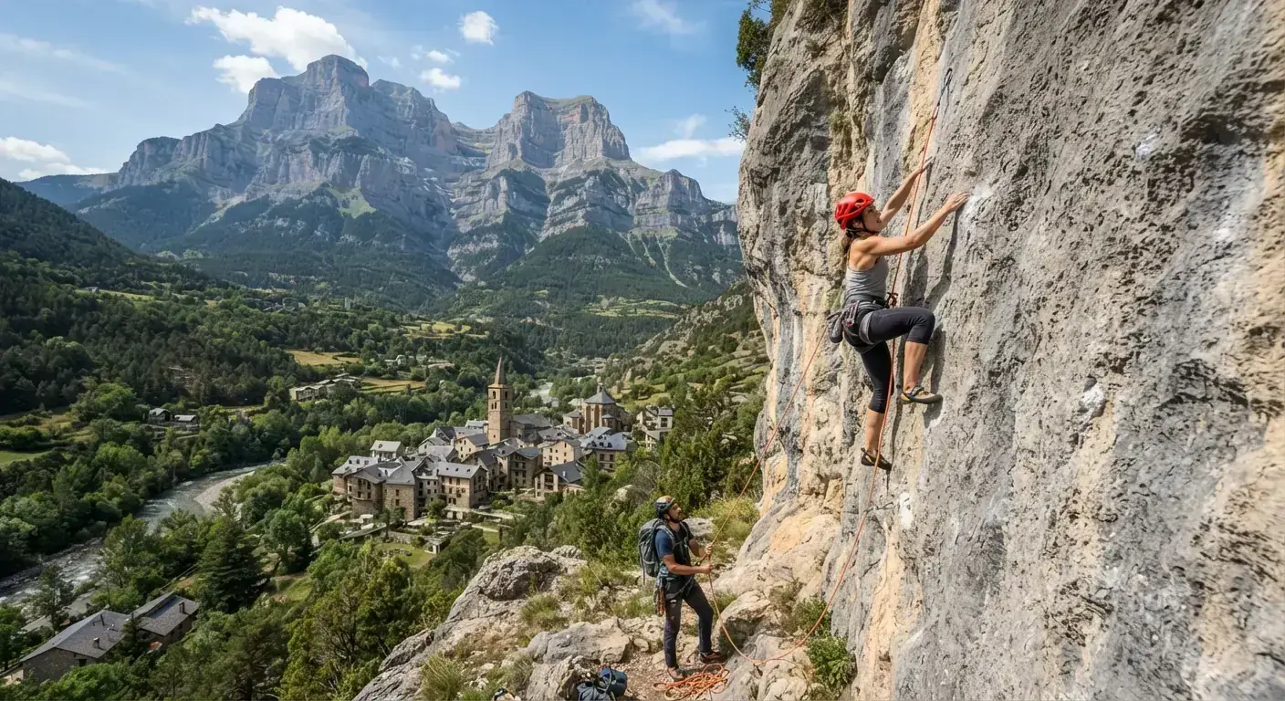 pareja de amigos haciendo escalda deportiva en Torla pareja de amigos haciendo escalada deportiva en Torla